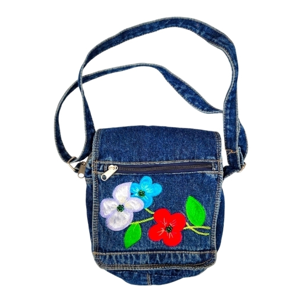 Y2K 1980s Denim Jeans Floral Embroidered Hobo Shoulder Bag Excellent
